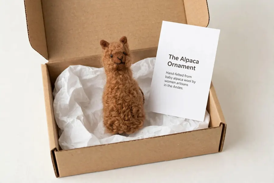 Baby alpaca ornament from Peru, presented in its 195Gifts box
